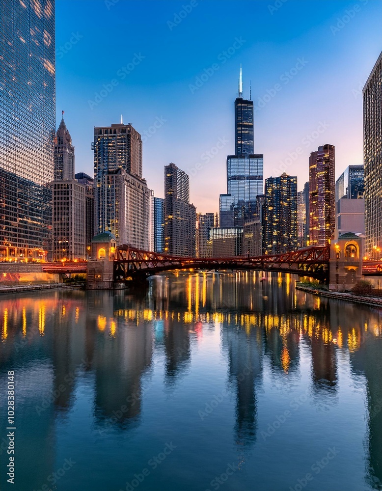 Naklejka premium Sun-kissed skyscrapers reflecting in the tranquil waters of the Chicago River.