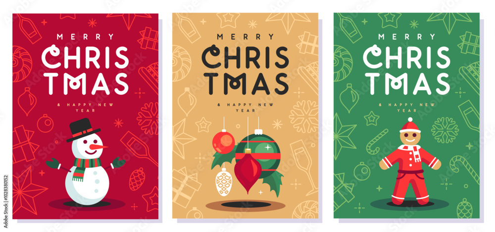 Fototapeta premium Set of Merry Christmas and Happy New Year greeting cards, covers or posters with holiday attributes. Christmas background. Flat design. Vector illustration