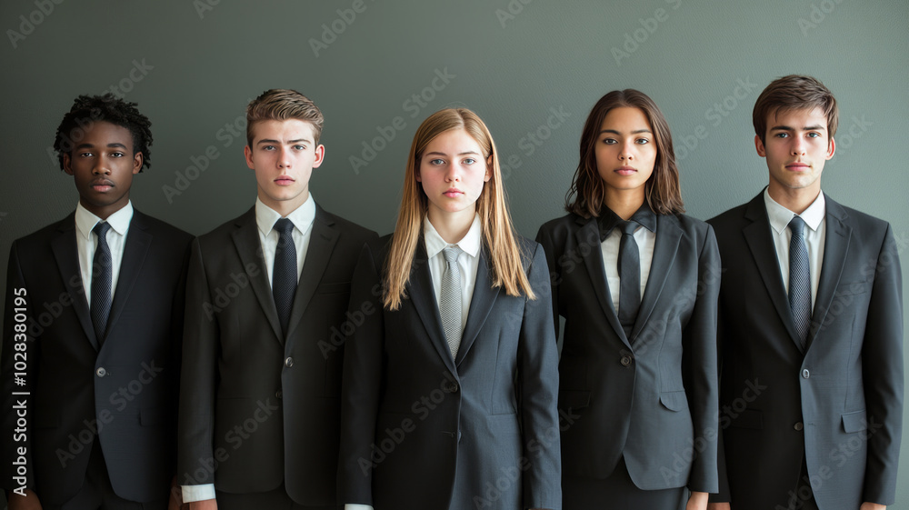 young group of job applicants front facing standing side by side in a line , all wearing formal business suits. young group of job applicants front facing standing side by side in a line , all wearing formal business suits.