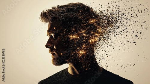 A surreal representation of a man with a head dissolving into particles of light and energy.