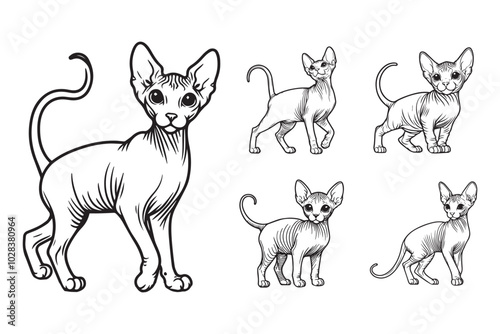 A simple line art design portraying a Sphynx cat standing