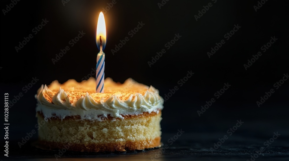 birthday cake with one burning candle and copy space isolated on black background, template concept, decorative design of card, banner, poster birthday cake with one burning candle and copy space isolated on black background, template concept, decorative design of card, banner, poster