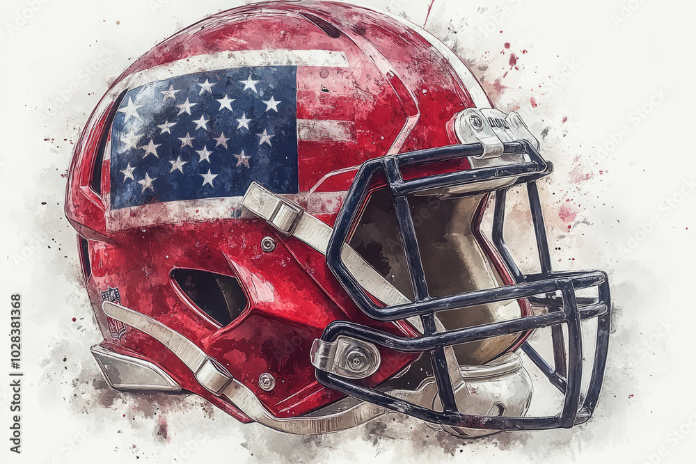 Football helmet with USA flag design, side view, no shadow, retro vector, used, old helmet, flat, paint style, watercolor style, Football helmet with USA flag design, side view, no shadow, retro vector, used, old helmet, flat, paint style, watercolor style,