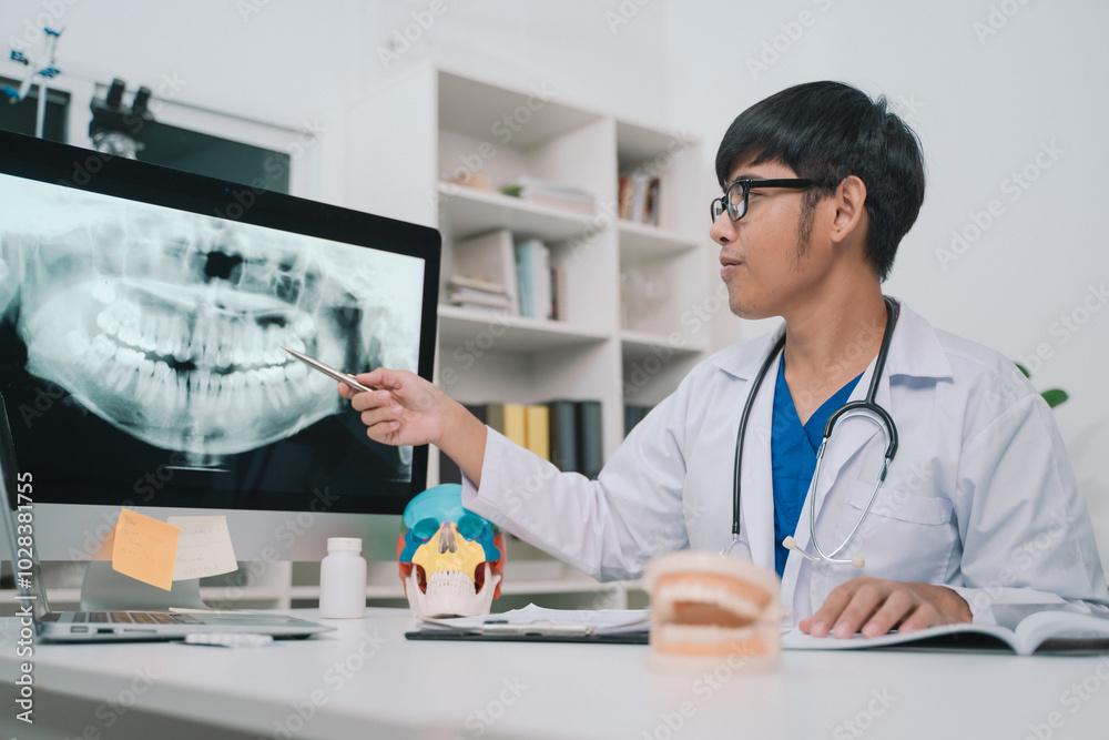 At the clinic, the dentist used an x-ray to examine the patient’s teeth, discussing treatment options and emphasizing the importance of oral health care and effective medicine. At the clinic, the dentist used an x-ray to examine the patient’s teeth, discussing treatment options and emphasizing the importance of oral health care and effective medicine.