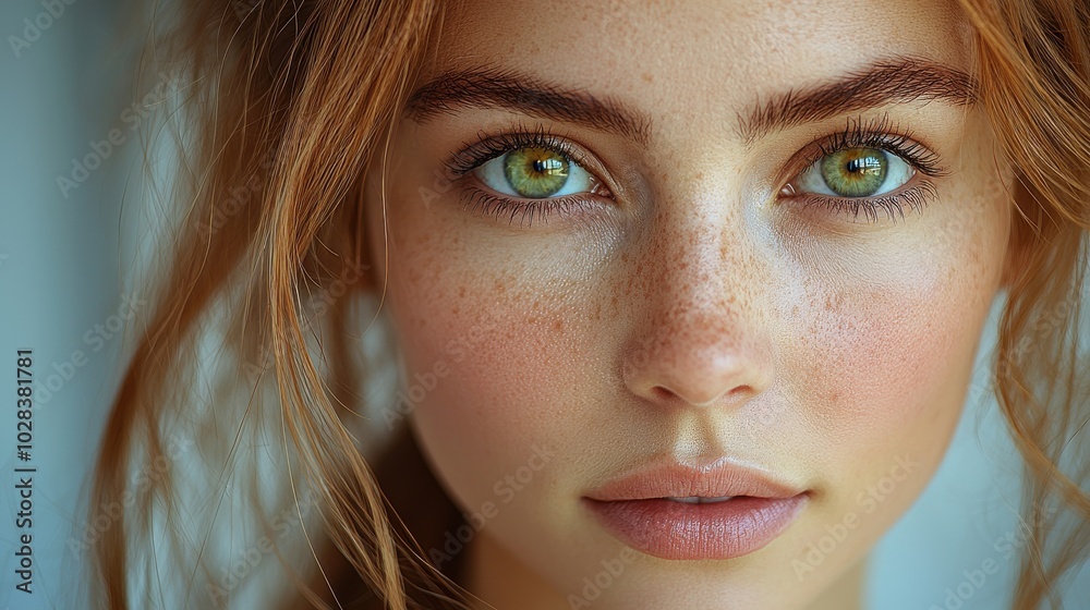 Close-up portrait of a young woman with green eyes and freckles, illuminated by soft natural light at home Close-up portrait of a young woman with green eyes and freckles, illuminated by soft natural light at home