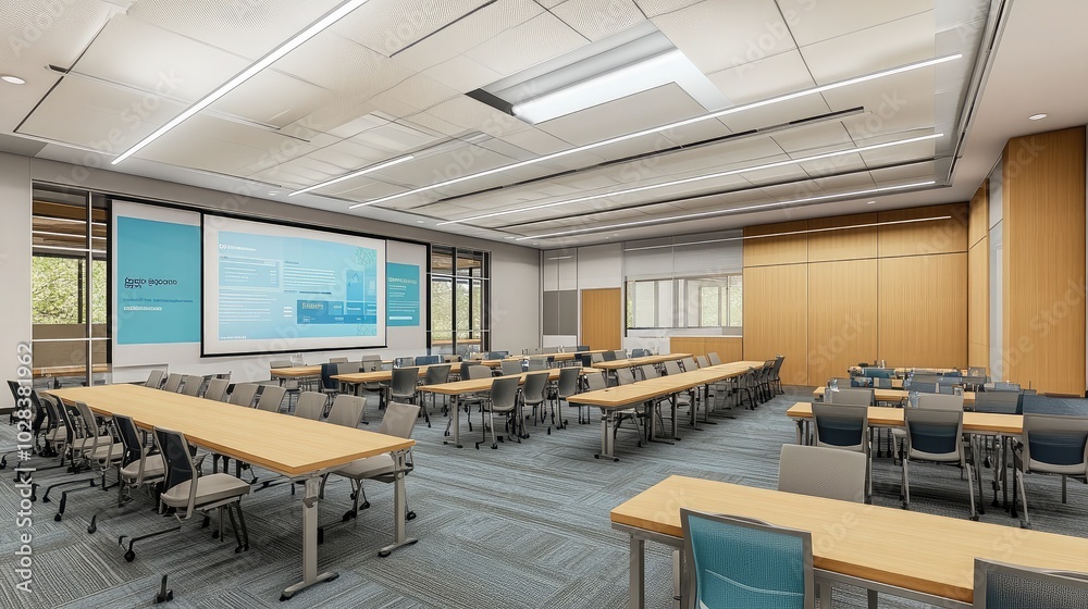 Modern Conference Room with Large Windows and Tables Modern Conference Room with Large Windows and Tables