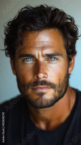 A Professional Male Portrait with Blue Eyes, Wearing a Gray Round-neck T-shirt, Featuring Dense Eyebrows and a Serious Expression