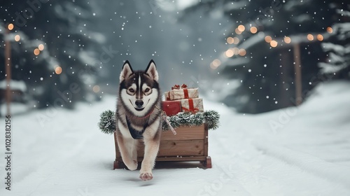 Playful Husky in Snow Pulling Festive Sleigh