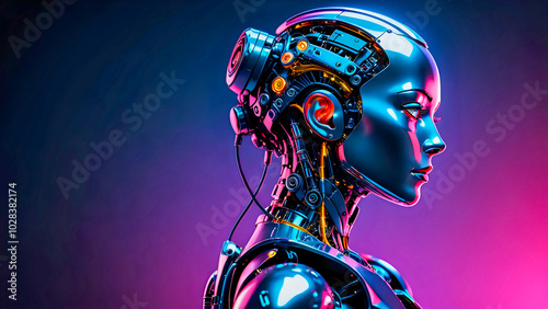 Profile of beautiful robot with female face with colorful reflection
