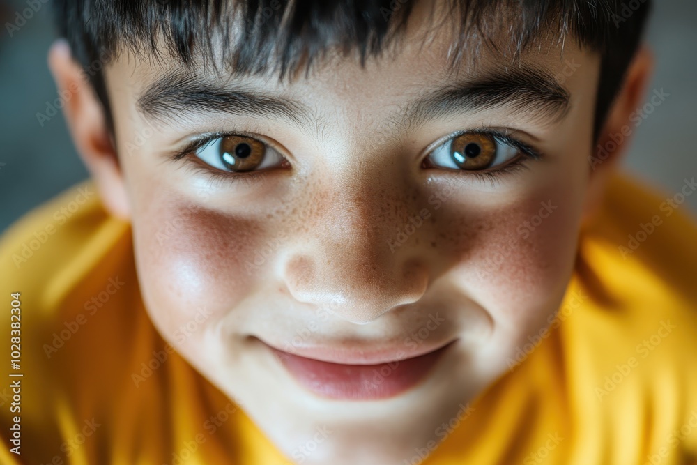 closeup of a boy with brown eyes looking at camera closeup of a boy with brown eyes looking at camera