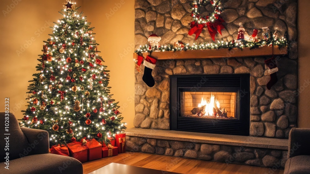 Cozy Christmas Scene with Tree and Fireplace Cozy Christmas Scene with Tree and Fireplace