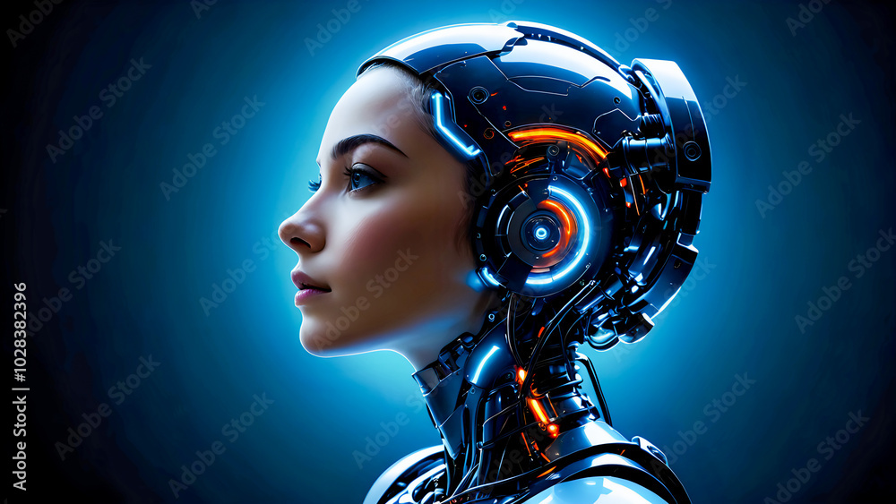 Profile of beautiful android with female face. Glowing body parts. Profile of beautiful android with female face. Glowing body parts.