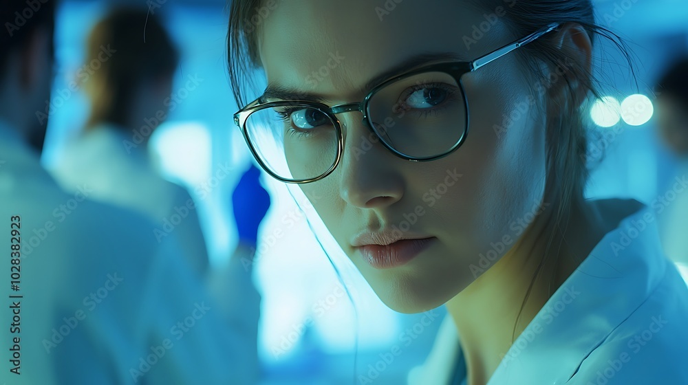 Team collaboration in medical research led by a young female scientist in glasses.