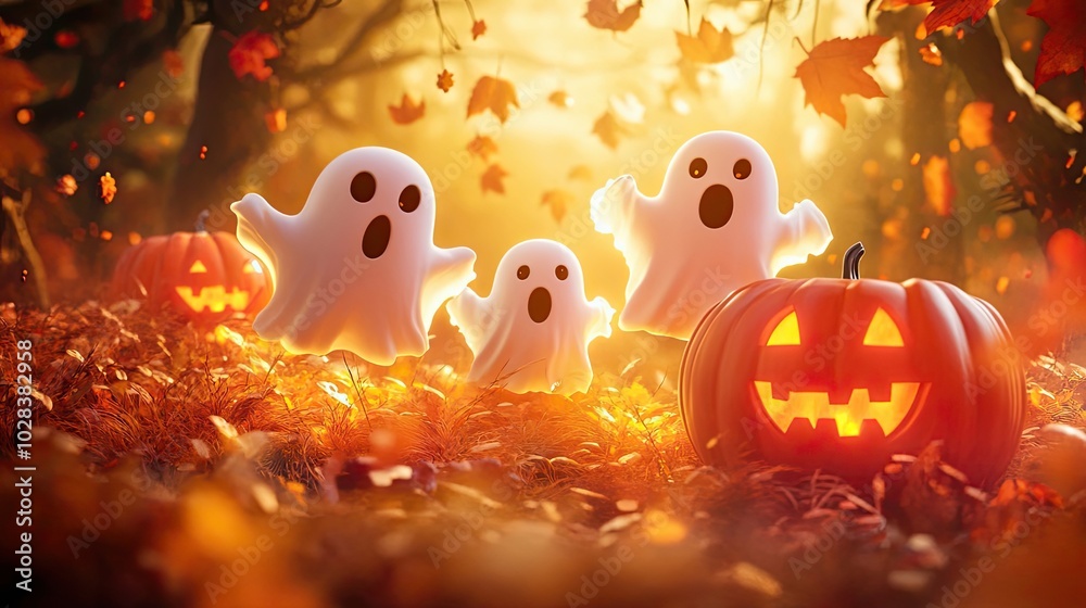 Three Friendly Ghosts and a Jack-o'-Lantern in a Fall Forest Three Friendly Ghosts and a Jack-o'-Lantern in a Fall Forest