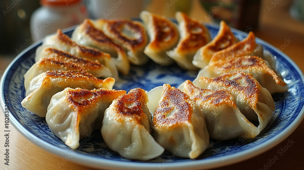 Pan-fried gyoza dumplings with crispy skin and tender Pan-fried gyoza dumplings with crispy skin and tender