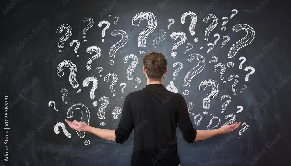 man stands in front of a blackboard with question marks and scribbles, trying to figure out the details of his business plan man stands in front of a blackboard with question marks and scribbles, trying to figure out the details of his business plan