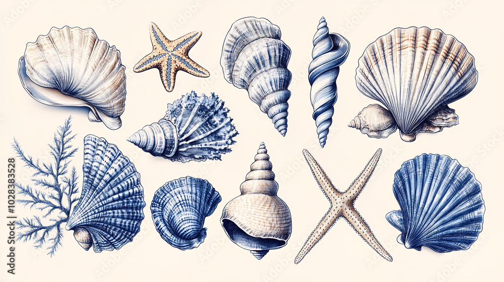 A Series of Intricate Blue-toned Sea Creatures, Including Shells, Starfish, and Coral, Rendered in Vibrant Watercolor with Delicate Details A Series of Intricate Blue-toned Sea Creatures, Including Shells, Starfish, and Coral, Rendered in Vibrant Watercolor with Delicate Details