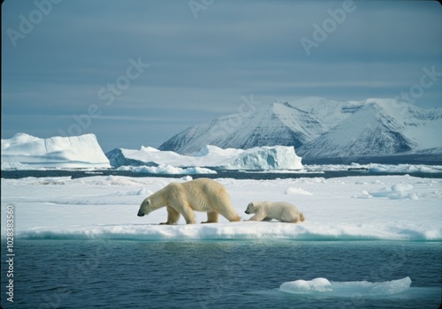 Polar bears roaming icy arctic landscape with majestic icebergs and snowy mountains