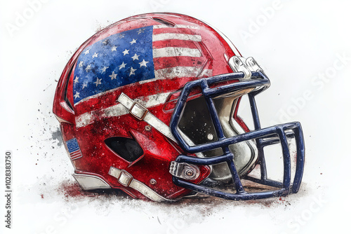 Football helmet with USA flag design, side view, no shadow, retro vector, used, old helmet, flat, paint style, watercolor style, photo