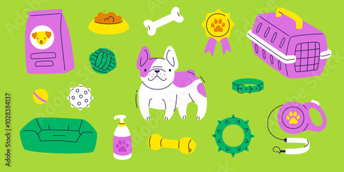Grooming accessories set with funny dog. Vector flat dogs supplies collection. Bright pet equipment bundle.