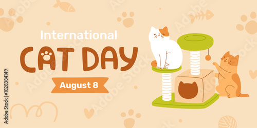 International cat day banner template. Cartoon vector poster with cute cats and text.