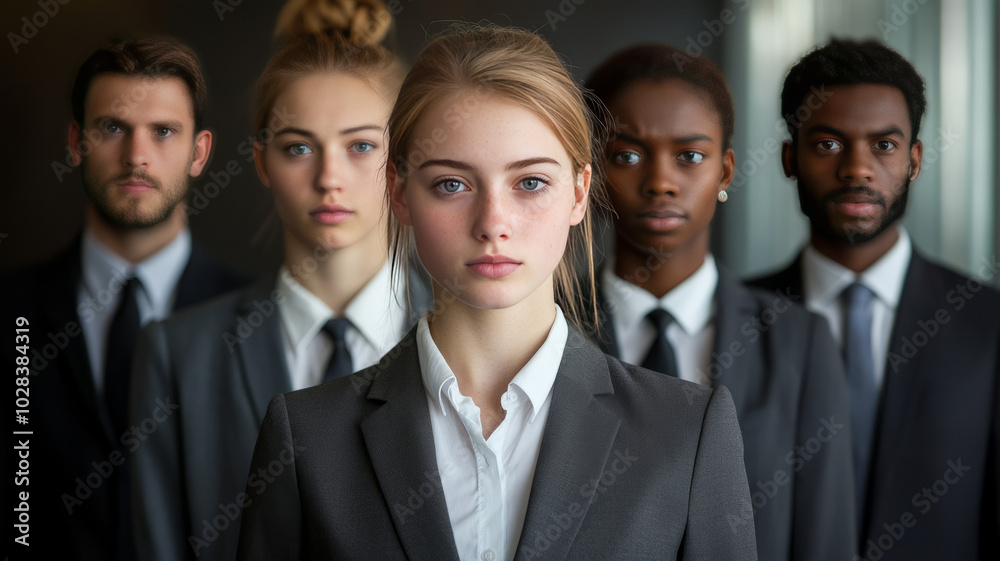young group of job applicants front facing standing side by side in a line , all wearing formal business suits. young group of job applicants front facing standing side by side in a line , all wearing formal business suits.