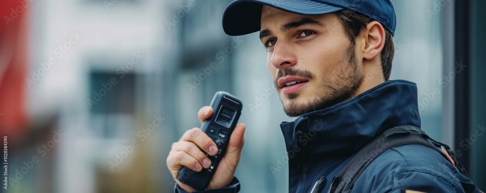 Fototapeta premium Young Security Guard Talking On Walkie-talkie, Generative AI
