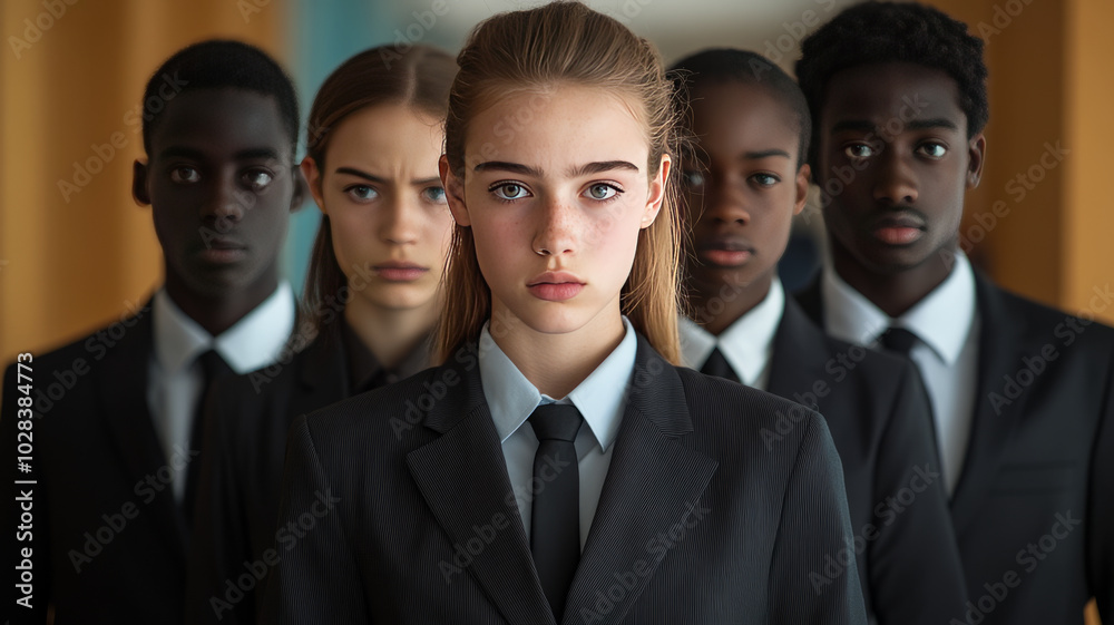 young group of job applicants front facing standing side by side in a line , all wearing formal business suits. young group of job applicants front facing standing side by side in a line , all wearing formal business suits.