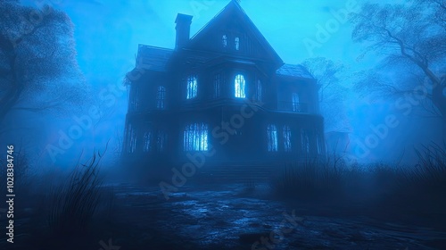 A Silhouetted Victorian House in a Foggy Blue Twilight