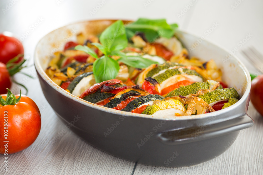 prepared baked zucchini and tomatoes in circles in a ceramic form, vegetable snack prepared baked zucchini and tomatoes in circles in a ceramic form, vegetable snack