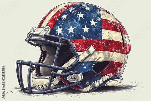 Football helmet with USA flag design, side view, no shadow, retro vector, used, old helmet, flat, paint style, watercolor style, photo