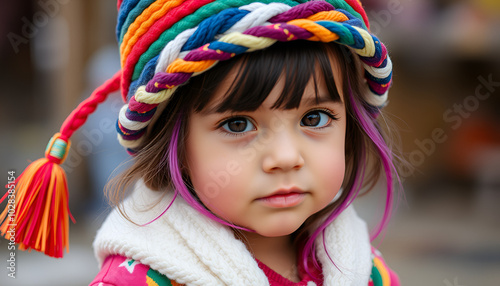 a little girl with colorful hair and a colorful hat photo