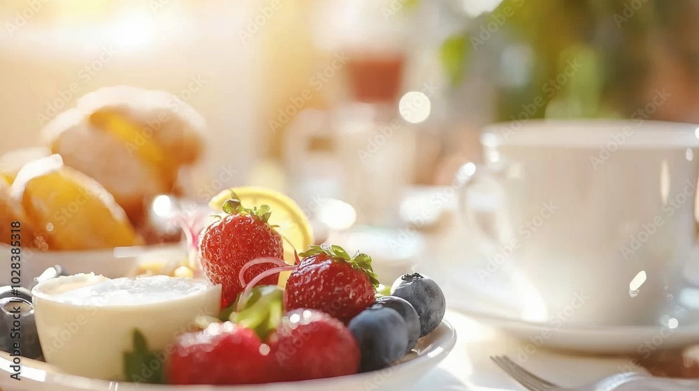 A delightful breakfast spread with fresh berries and pastries in soft morning light, AI A delightful breakfast spread with fresh berries and pastries in soft morning light, AI