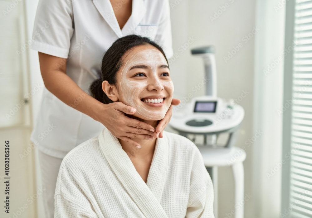 Relaxing skincare session with facial mask at a spa with smiling woman Relaxing skincare session with facial mask at a spa with smiling woman