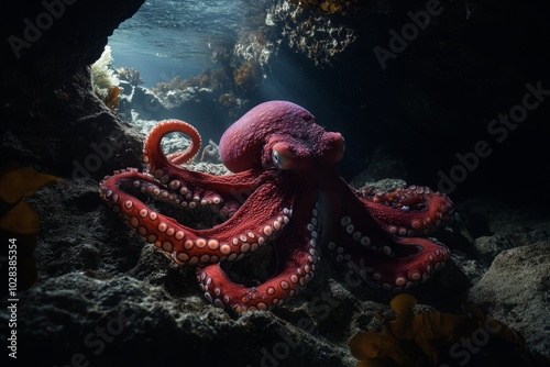 A vibrant red octopus glides gracefully through deep water. Its tentacles are spread wide in the ocean. Unique creatures like this inspire awe. Generative AI photo