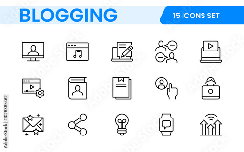 Blogging banner with icons. Post, social media, community, content, website, sharing, create, opinion. Business concept. Web vector infographic in outline icon style.