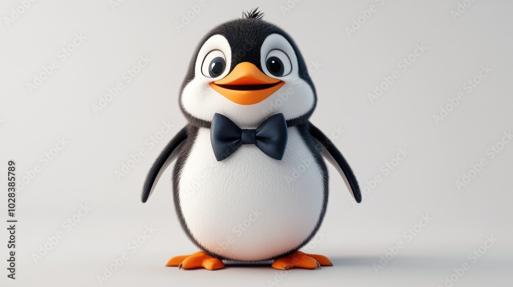 Fototapeta premium A cute animated penguin character wearing a bow tie, showcasing a cheerful expression against a simple background.