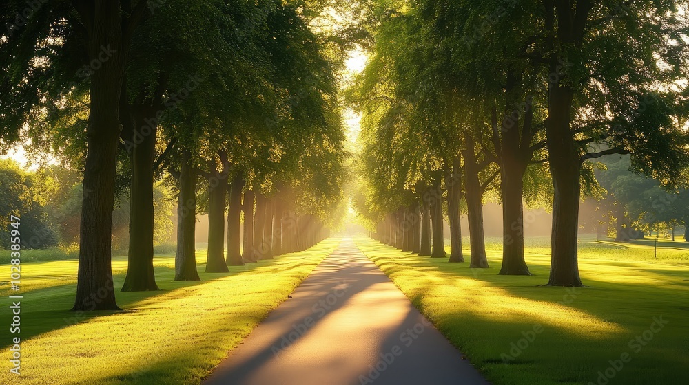 Fototapeta premium Serene Tree-Lined Pathway in Soft Morning Light