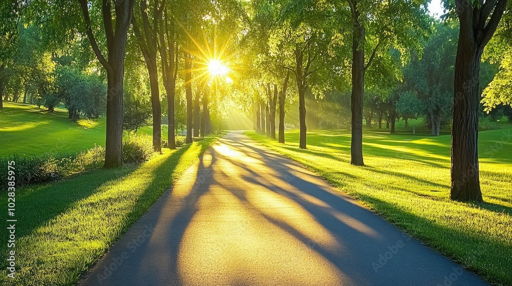 Obraz premium Serene Pathway Under Sunlit Green Canopy