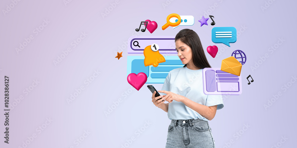 Young woman using smartphone with social media icons on purple b