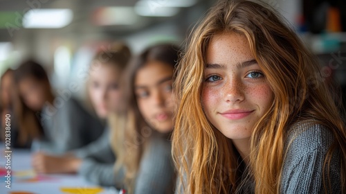 Wallpaper Mural A young European girl with long blonde hair and freckles smiles at the camera while sitting in a classroom full of her peers working on arts and crafts. Torontodigital.ca