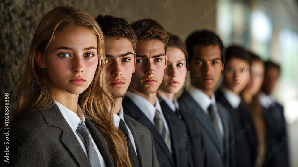 young group of job applicants front facing standing side by side in a line , all wearing formal business suits. young group of job applicants front facing standing side by side in a line , all wearing formal business suits.