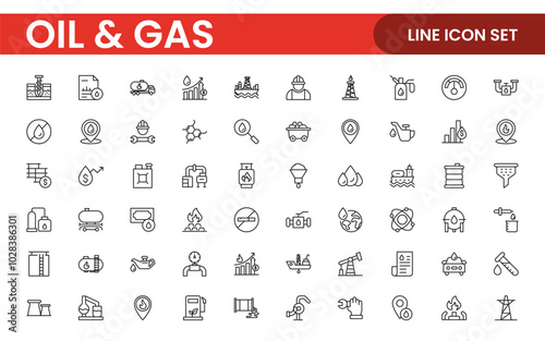 Set of Oil Gas Industry Line Icons. Contains such Icons as Gas Station, Oil Factories, Transportation, and more. line icon set.