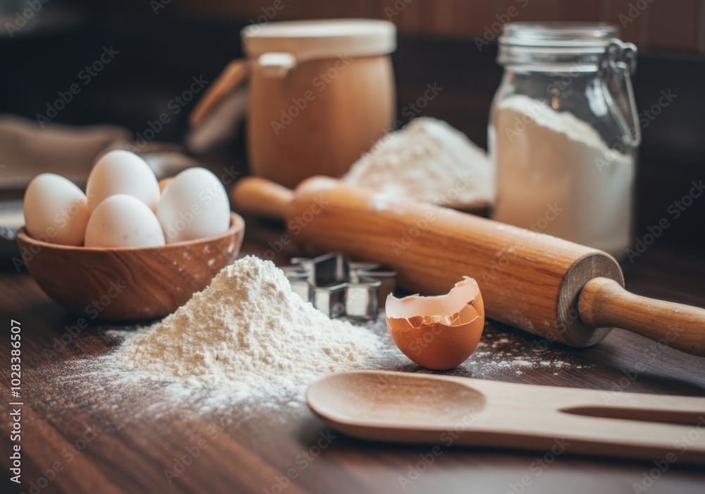 Rustic baking scene with flour, eggs, and rolling pin in cozy kitchen setting Rustic baking scene with flour, eggs, and rolling pin in cozy kitchen setting