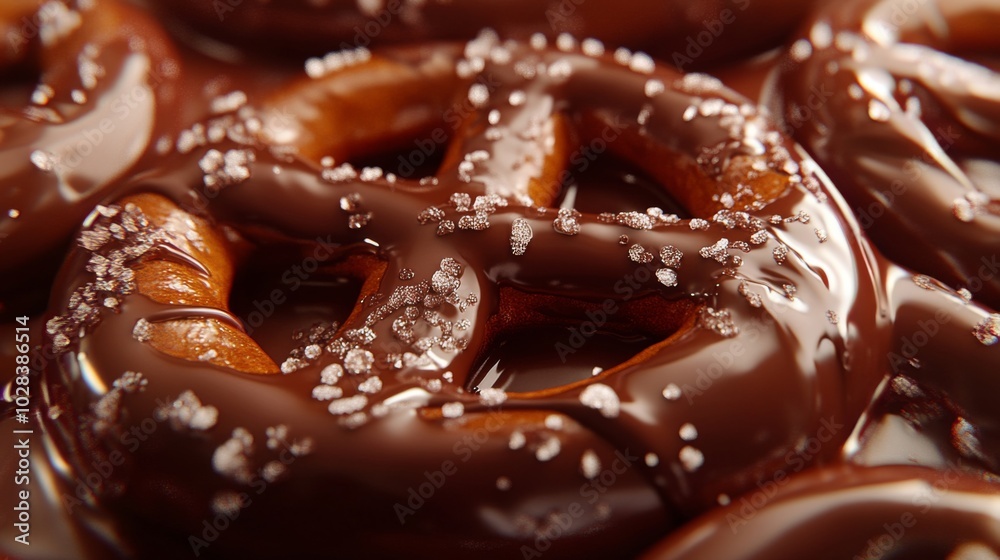 Close-up of chocolate covered pretzels with salt. Close-up of chocolate covered pretzels with salt.