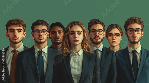 young group of job applicants front facing standing side by side in a line , all wearing formal business suits.