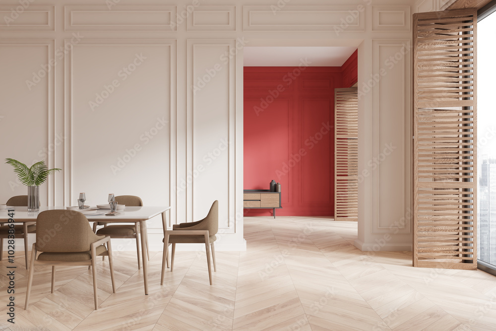 Fototapeta premium Modern dining room interior with red accent wall and wooden elements. 3D Rendering