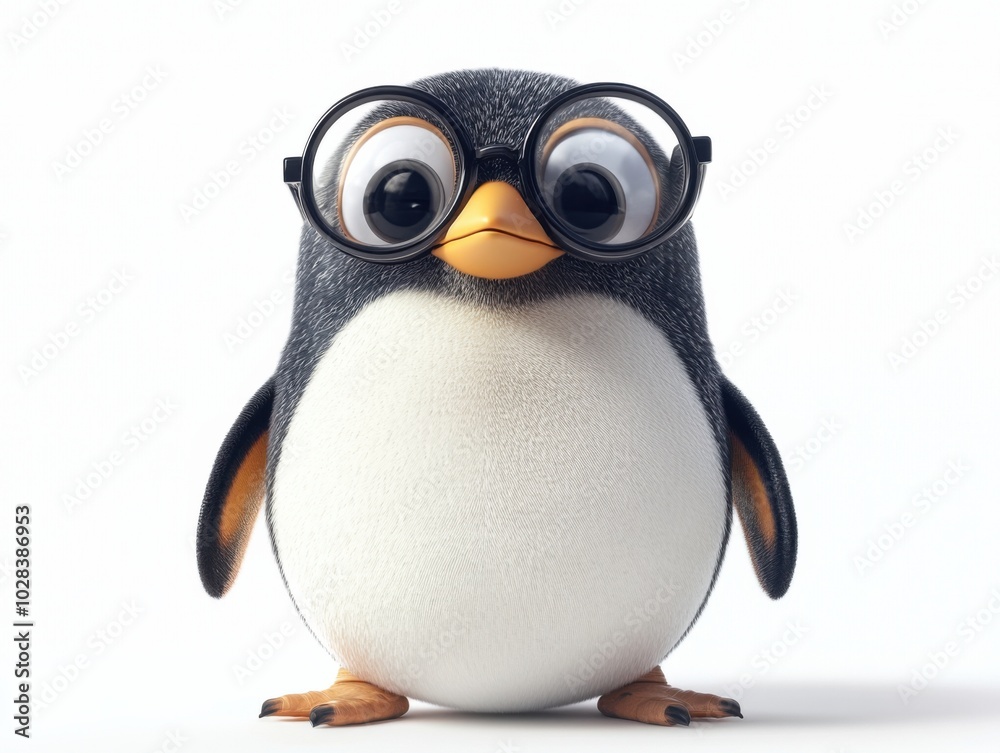 Obraz premium A cute, cartoonish penguin wearing glasses, with large eyes and a round body, standing against a minimalist background.