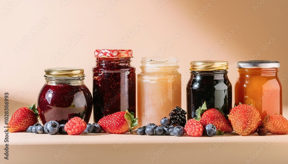 Homemade assortment of berry and fruit jams in jars Homemade assortment of berry and fruit jams in jars