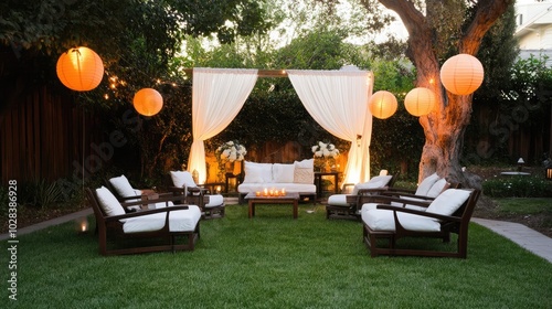 Cozy Outdoor Living Space with Lanterns and Seating Area